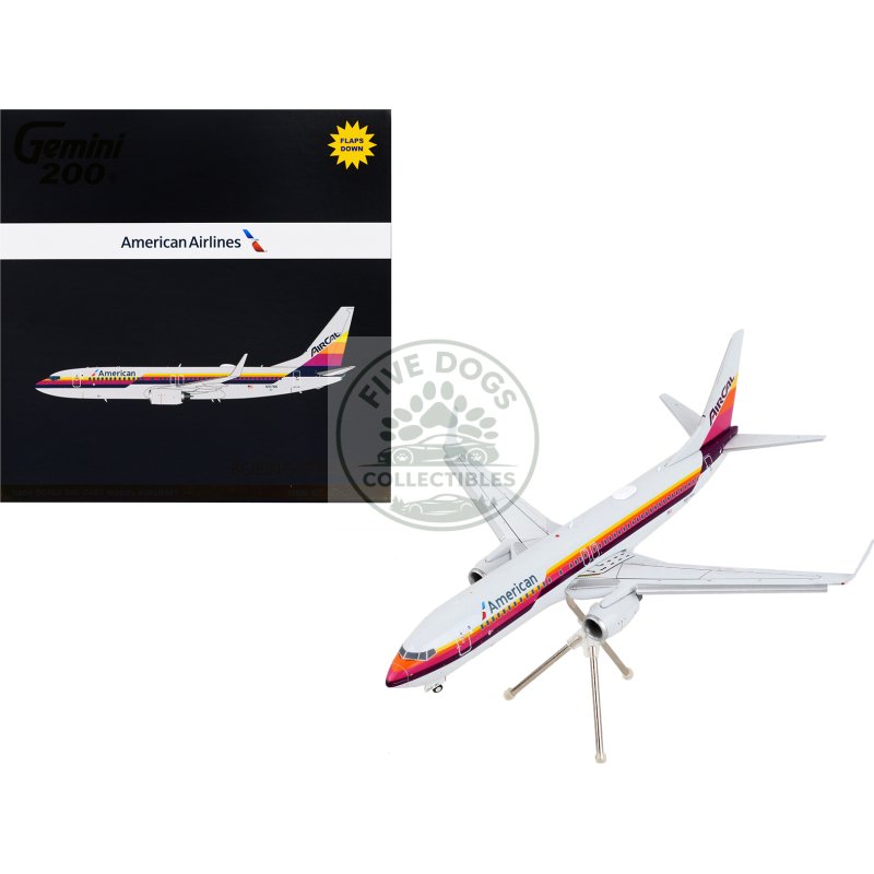 boeing 737 800 commercial aircraft with flaps down "american airlines aircal" gray with stripes "gemini 200" series 1/200 diecast model airplane by geminijets