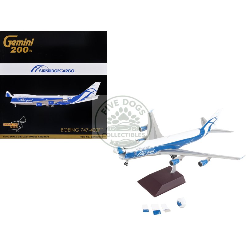 boeing 747 400f commercial aircraft "airbridgecargo airlines" white with blue stripes "gemini 200 interactive" series 1/200 diecast model airplane by geminijets