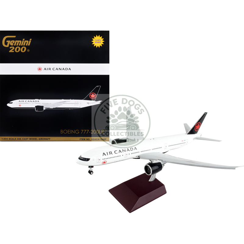 boeing 777 200lr commercial aircraft with flaps down "air canada" white with black tail "gemini 200" series 1/200 diecast model airplane by geminijets