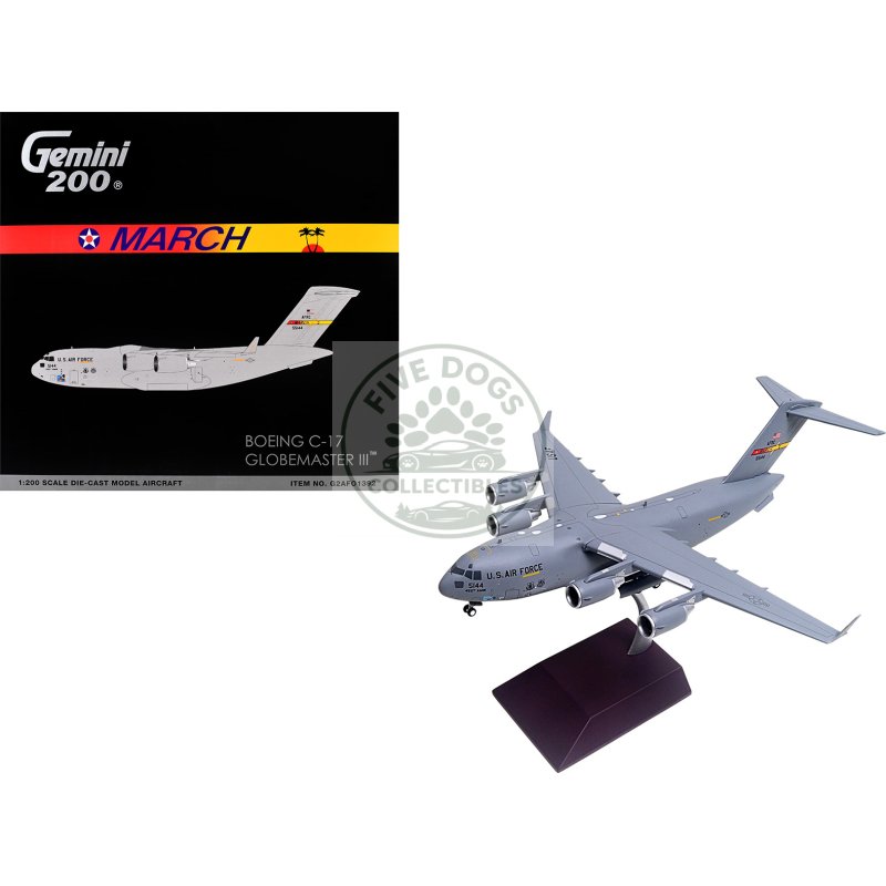 boeing c 17 globemaster iii transport aircraft "march air reserve base" united states air force "gemini 200" series 1/200 diecast model airplane by geminijets