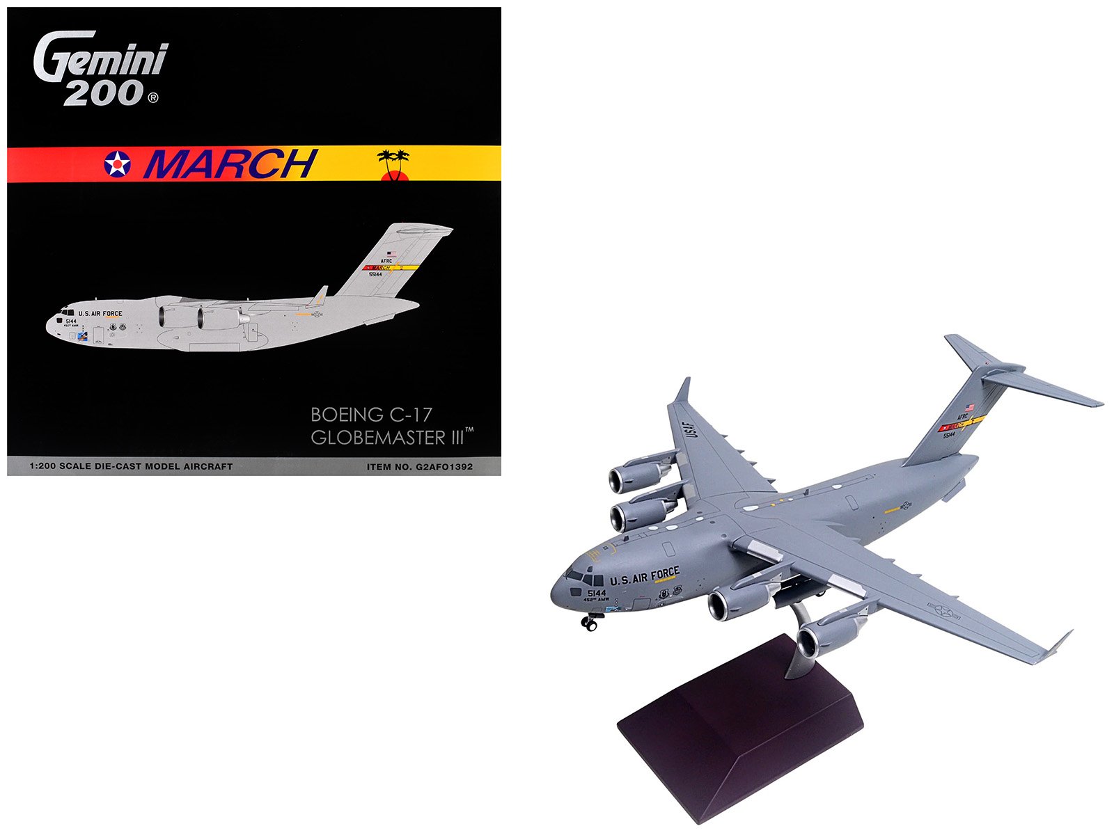 boeing c 17 globemaster iii transport aircraft "march air reserve base" united states air force "gemini 200" series 1/200 diecast model airplane by geminijets boeing c 17 globemaster iii transport aircraft "march air reserve base" united states air force "gemini 200" series 1/200 diecast model airplane by geminijets