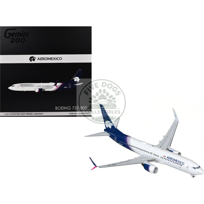 boeing 737 800 commercial aircraft "aeromexico" (n957am) white with dark blue tail "gemini 200" series 1/200 diecast model airplane by geminijets