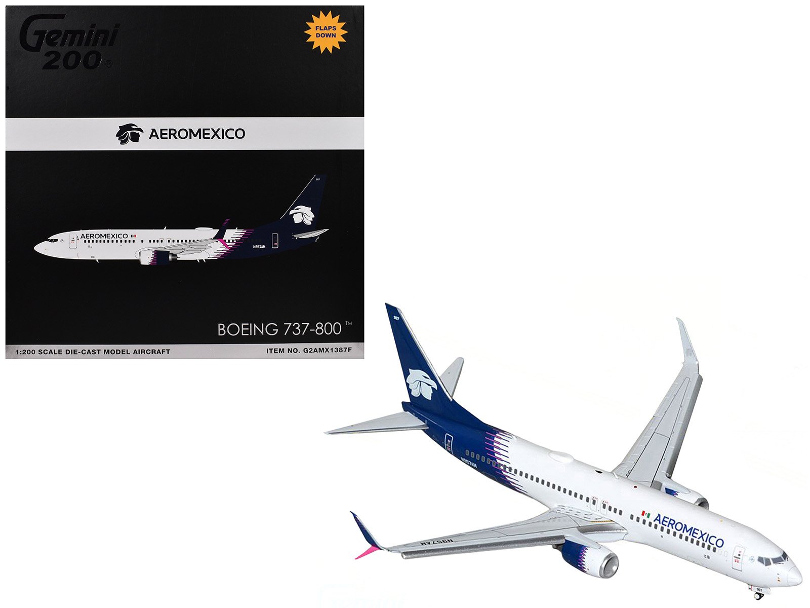boeing 737 800 commercial aircraft with flaps down "aeromexico" (n957am) white with dark blue tail "gemini 200" series 1/200 diecast model airplane by geminijets boeing 737 800 commercial aircraft with flaps down "aeromexico" (n957am) white with dark blue tail "gemini 200" series 1/200 diecast model airplane by geminijets