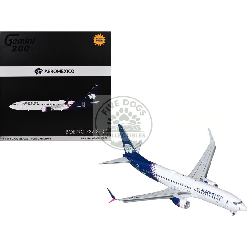 boeing 737 800 commercial aircraft with flaps down "aeromexico" (n957am) white with dark blue tail "gemini 200" series 1/200 diecast model airplane by geminijets