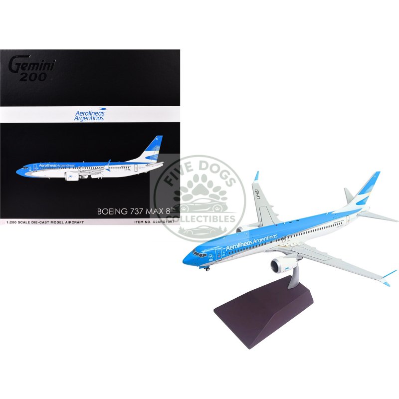 boeing 737 max 8 commercial aircraft "aerolineas argentinas" (lv kej) white and blue "gemini 200" series 1/200 diecast model airplane by geminijets