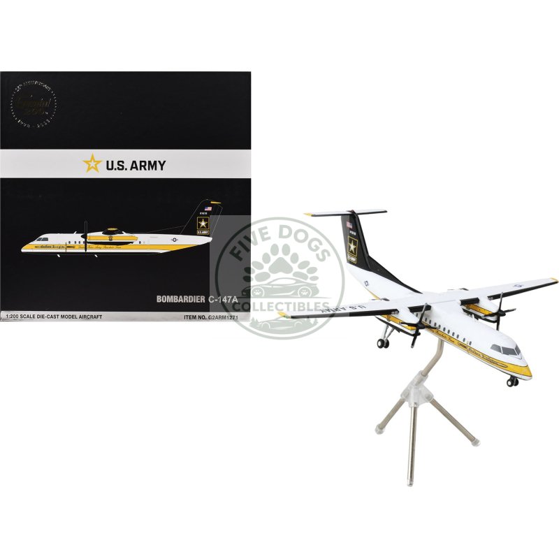 bombardier c 147a transport aircraft "golden knights parachute team" united states army (17 01610) white with yellow stripes and black tail "gemini 200" series 1/200 diecast model airplane by geminijets