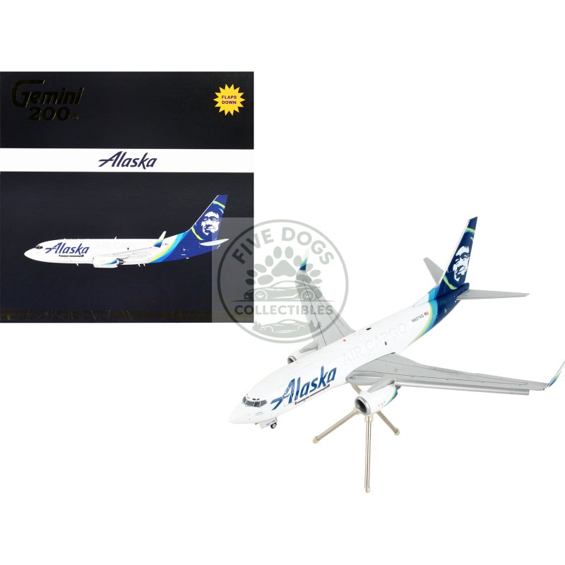 boeing 737 700bdsf commercial aircraft with flaps down "alaska air cargo" white with blue tail "gemini 200" series 1/200 diecast model airplane by geminijets