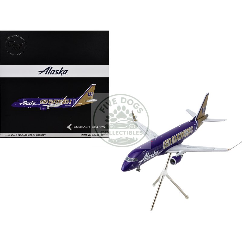embraer erj 175 commercial aircraft "alaska airlines/horizon university of washington huskies" (n662qx) purple with gold tail "gemini 200" series 1/200 diecast model airplane by geminijetsg2asa1287