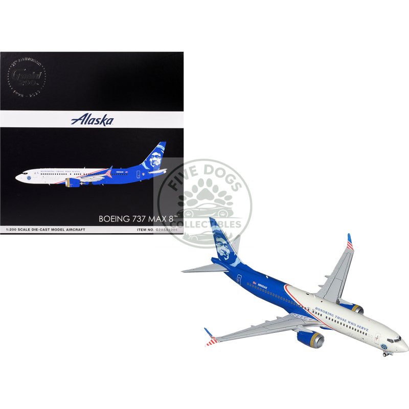 boeing 737 max 8 commercial aircraft "alaska airlines honoring those who serve" (n806ak) white and blue "gemini 200" series 1/200 diecast model airplane by geminijets