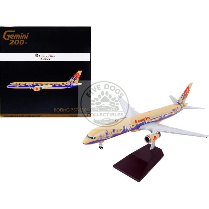 boeing 757 200 commercial aircraft "america west airlines" beige with purple graphics "gemini 200" series 1/200 diecast model airplane by geminijets