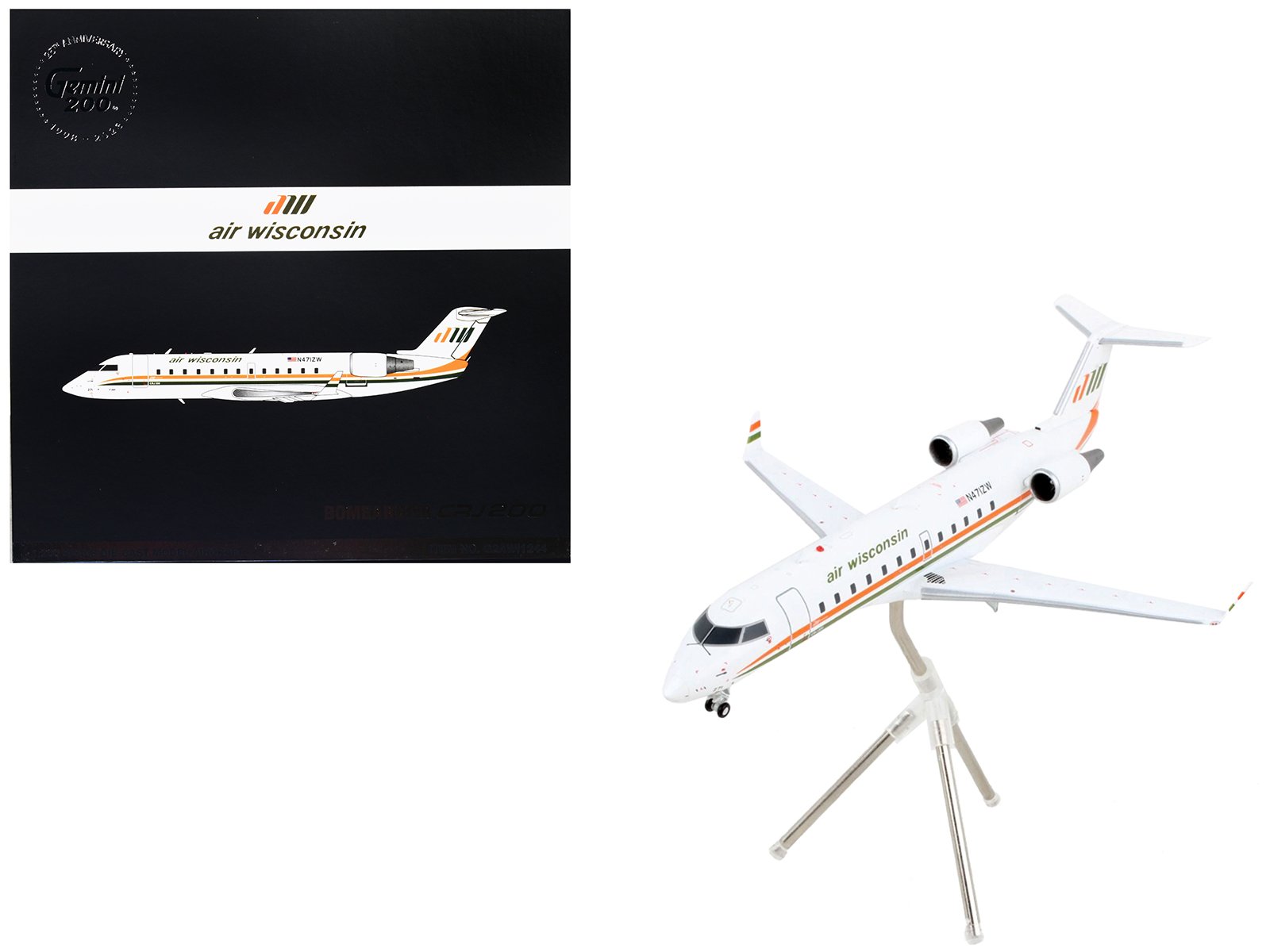 bombardier crj200 commercial aircraft "air wisconsin" white with orange and green stripes "gemini 200" series 1/200 diecast model airplane by geminijets bombardier crj200 commercial aircraft "air wisconsin" white with orange and green stripes "gemini 200" series 1/200 diecast model airplane by geminijets