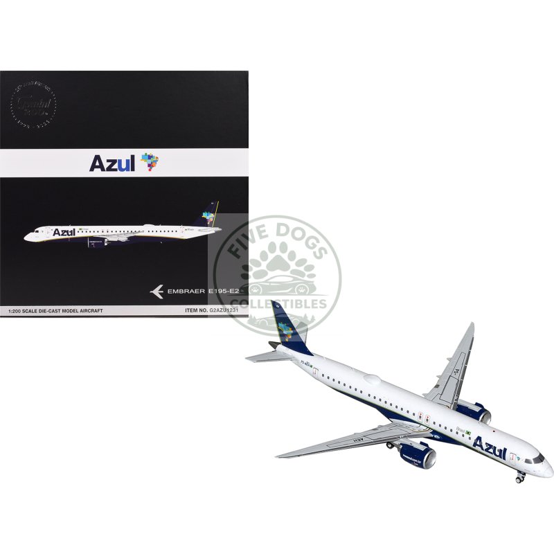 embraer e195 e2 commercial aircraft "azul brazilian airlines" (ps aeh) white with blue tail "gemini 200" series 1/200 diecast model airplane by geminijets