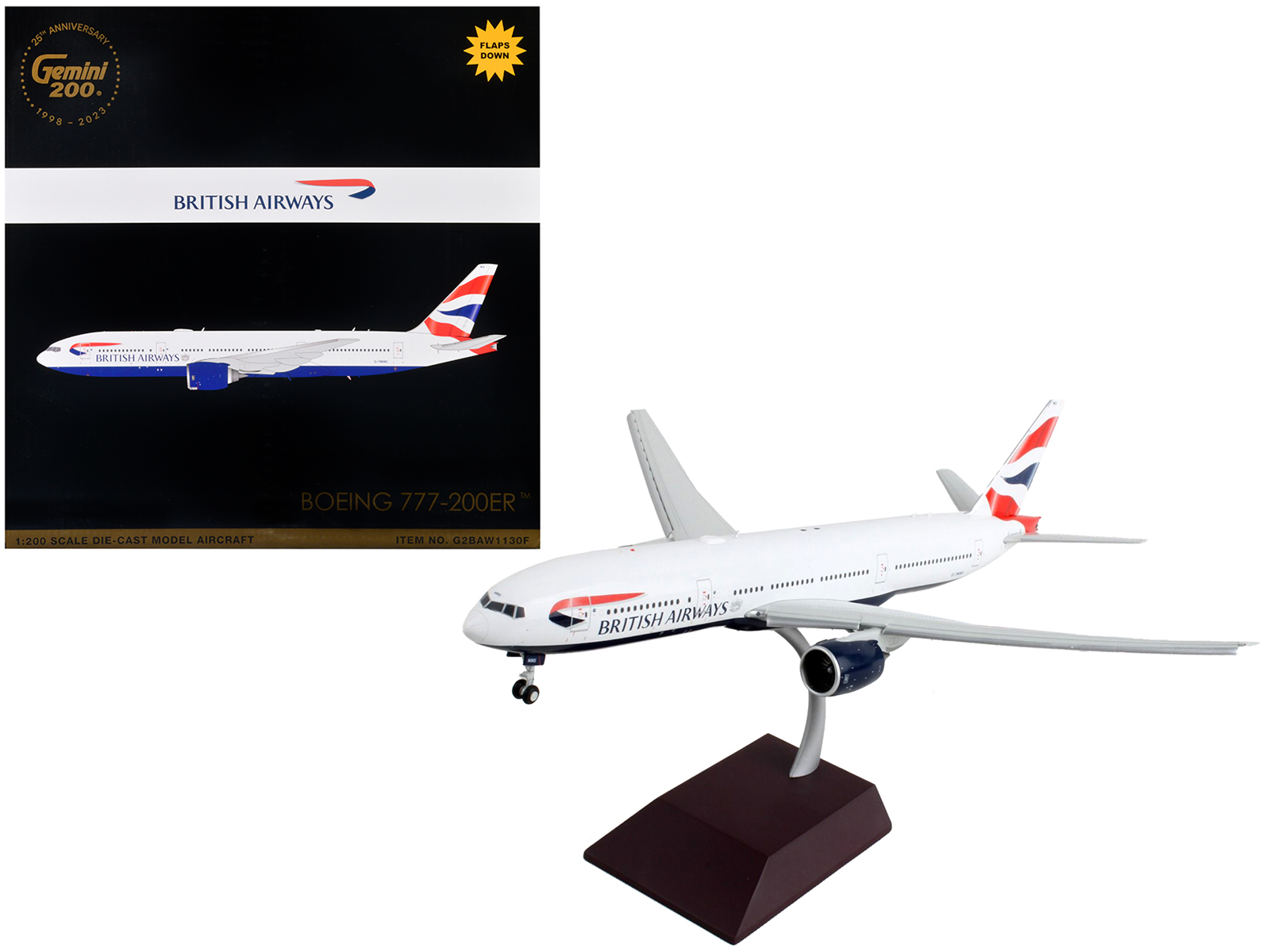 boeing 777 200er commercial aircraft with flaps down "british airways" white with striped tail "gemini 200" series 1/200 diecast model airplane by geminijets boeing 777 200er commercial aircraft with flaps down "british airways" white with striped tail "gemini 200" series 1/200 diecast model airplane by geminijets