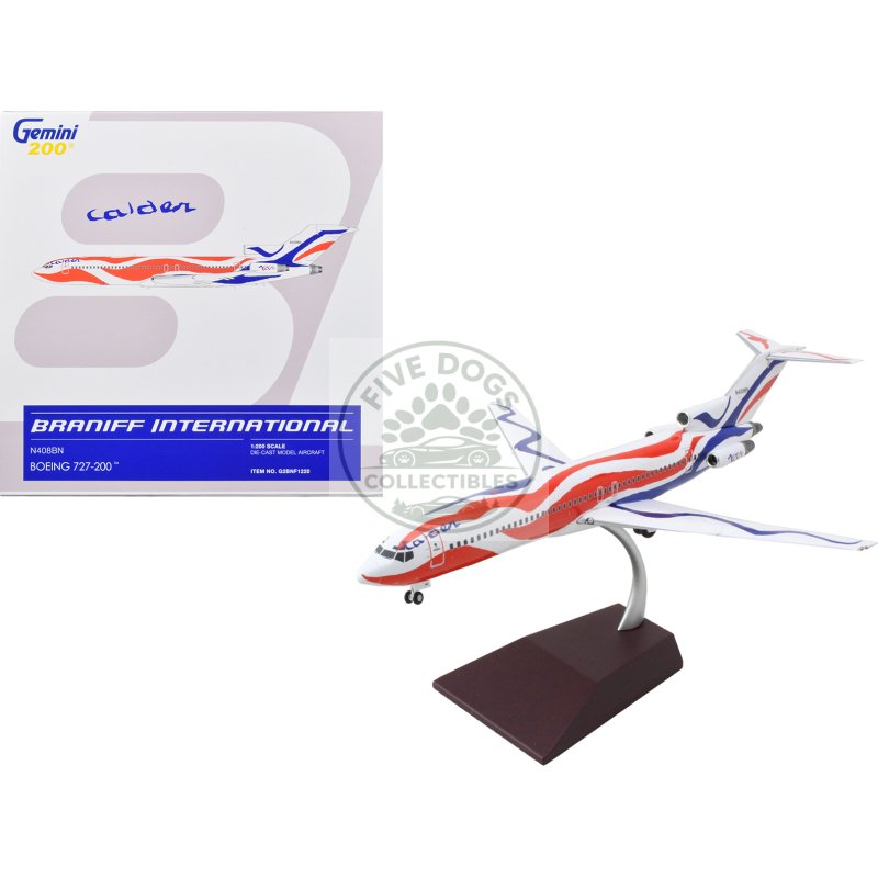 boeing 727 200 commercial aircraft "braniff international airways calder bicentennial livery" white with red and blue stripes "gemini 200" series 1/200 diecast model airplane by geminijets