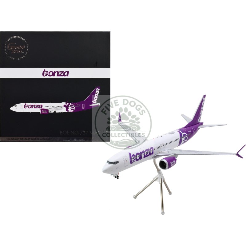 boeing 737 max 8 commercial aircraft "bonza aviation" (vh ujk) white with purple tail "gemini 200" series 1/200 diecast model airplane by geminijets