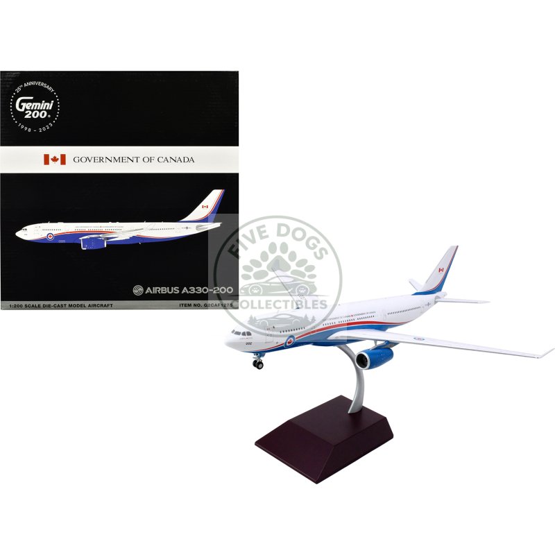 airbus a330 200 commercial aircraft "government of canada royal canadian air force" (330002) white and blue with red stripes "gemini 200" series 1/200 diecast model airplane by geminijets