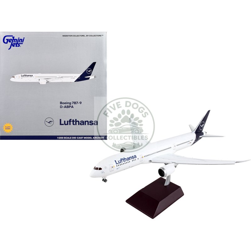 boeing 787 9 commercial aircraft with flaps down "lufthansa" white with blue tail "gemini 200" series 1/200 diecast model airplane by geminijets