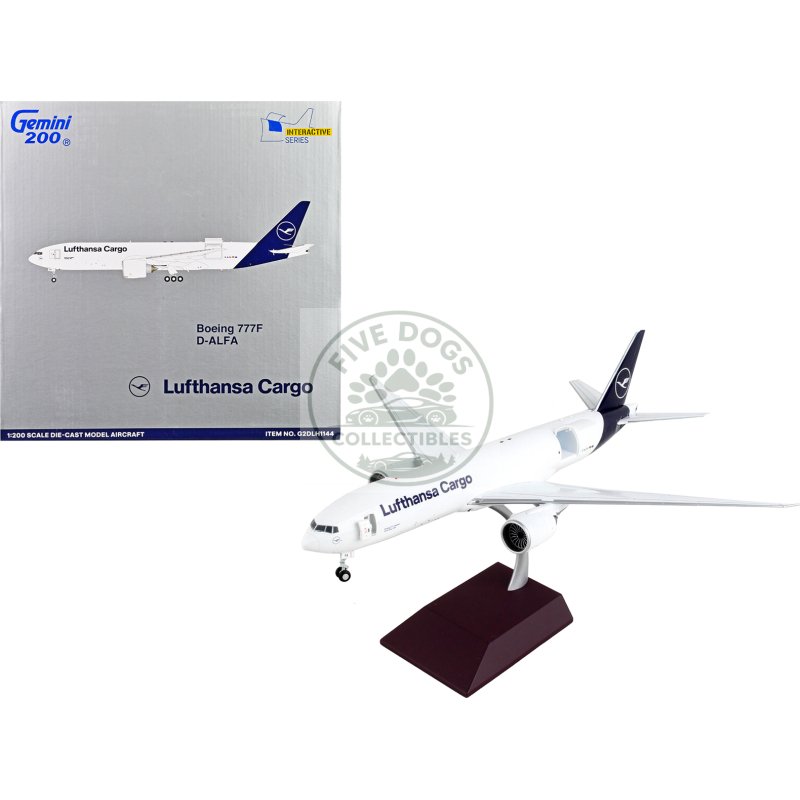 boeing 777f commercial aircraft "lufthansa cargo" white with blue tail "gemini 200 interactive" series 1/200 diecast model airplane by geminijets