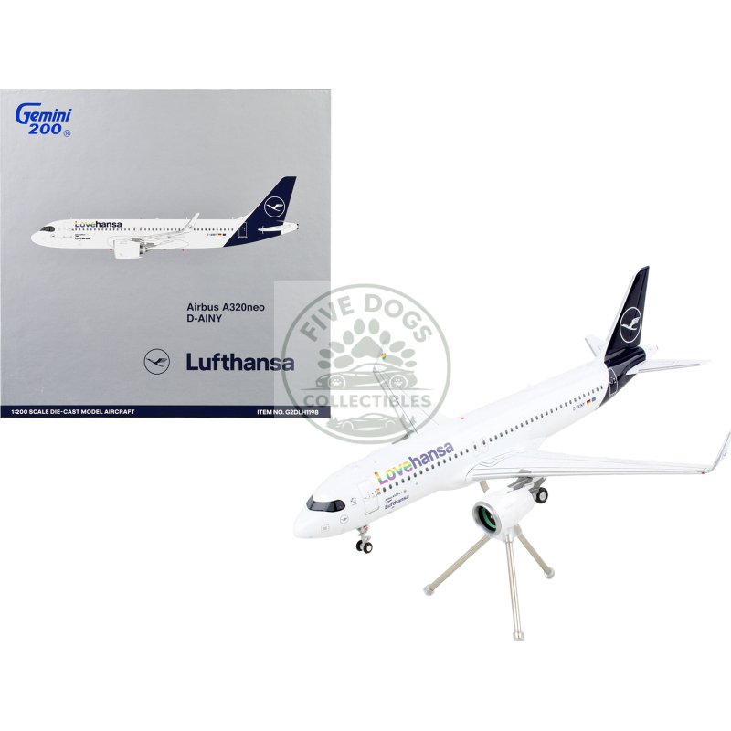 airbus a320neo commercial aircraft "lufthansa lovehansa" white with blue tail "gemini 200" series 1/200 diecast model airplane by geminijets