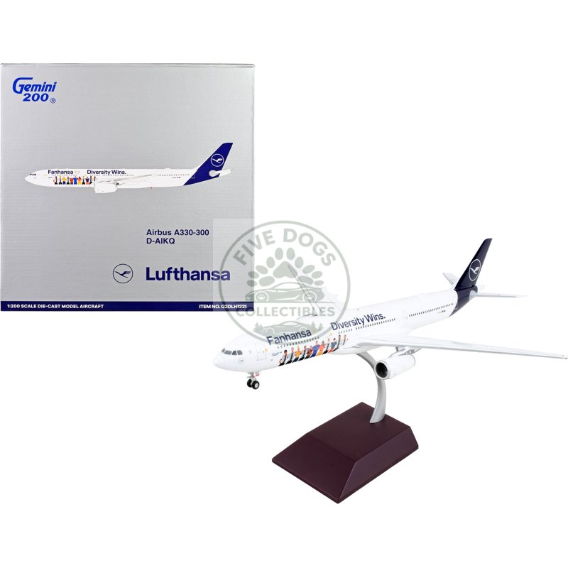 airbus a330 300 commercial aircraft "lufthansa diversity wins" white with blue tail "gemini 200" series 1/200 diecast model airplane by geminijets
