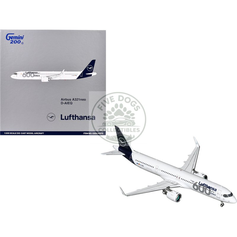 airbus a321neo commercial aircraft "lufthansa 600th airbus aircraft" (d aieq) white with dark blue tail "gemini 200" series 1/200 diecast model airplane by geminijets