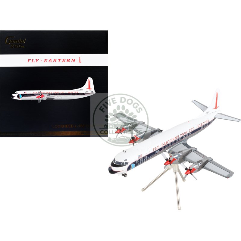 lockheed l 188 electra commercial aircraft "eastern air lines" white with blue stripes "gemini 200" series 1/200 diecast model airplane by geminijets