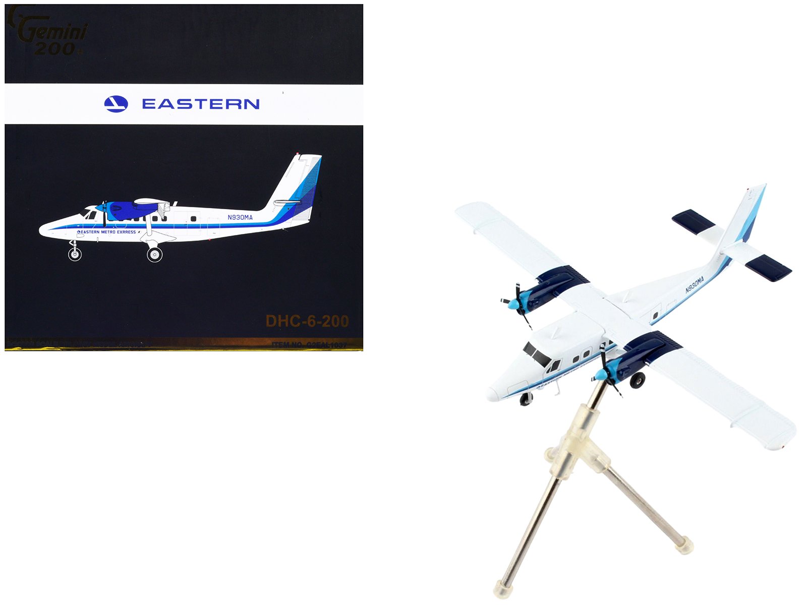 de havilland dhc 6 200 commercial aircraft "eastern air lines metro express" white with blue stripes "gemini 200" series 1/200 diecast model airplane by geminijets de havilland dhc 6 200 commercial aircraft "eastern air lines metro express" white with blue stripes "gemini 200" series 1/200 diecast model airplane by geminijets