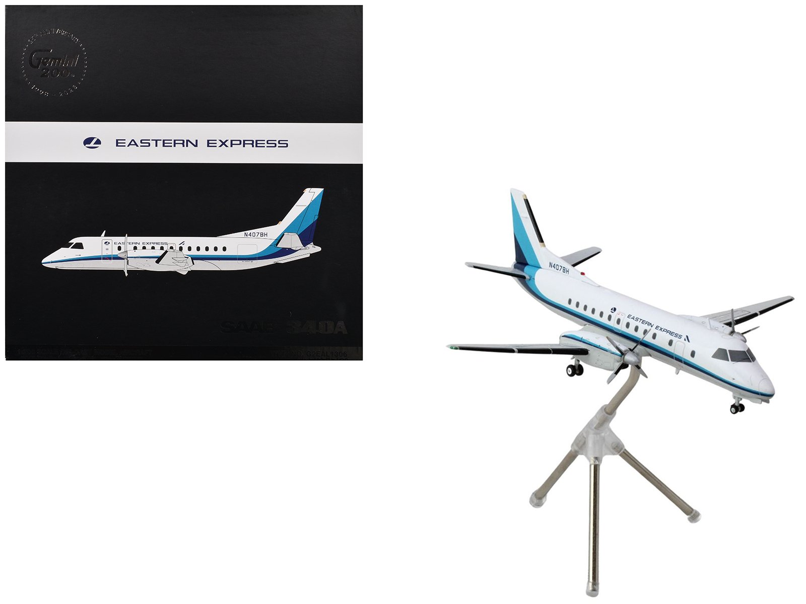 saab 340a commercial aircraft "eastern express/bar harbor" (n407bh) white with blue stripes "gemini 200" series 1/200 diecast model airplane by geminijets saab 340a commercial aircraft "eastern express/bar harbor" (n407bh) white with blue stripes "gemini 200" series 1/200 diecast model airplane by geminijets