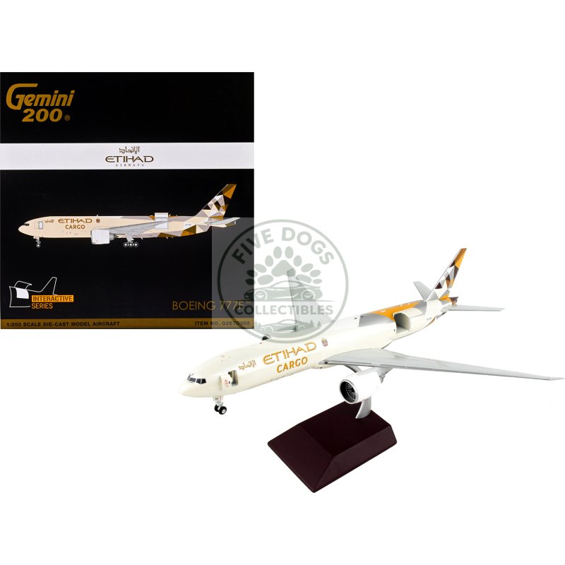 boeing 777f commercial aircraft "etihad airways cargo" beige with tail graphics "gemini 200 interactive" series 1/200 diecast model airplane by geminijets