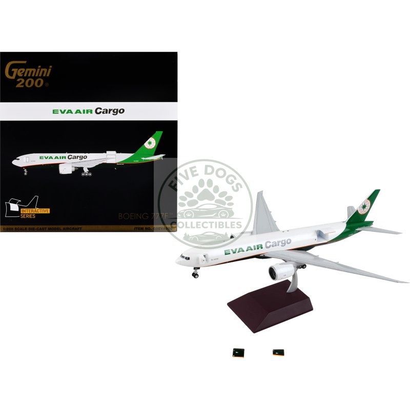 boeing 777f commercial aircraft "eva air cargo" white with green tail "gemini 200 interactive" series 1/200 diecast model airplane by geminijets