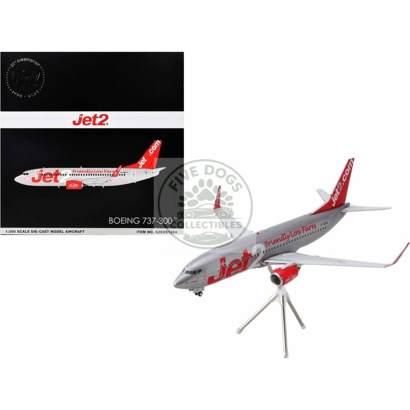 boeing 737 300 commercial aircraft "jet2" (g gdfg) gray metallic with red tail "gemini 200" series 1/200 diecast model airplane by geminijets