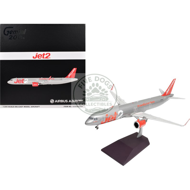 airbus a321neo commercial aircraft "jet2" (g suno) silver with red tail "gemini 200" series 1/200 diecast model airplane by geminijets
