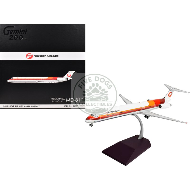 mcdonnell douglas md 81 commercial aircraft "frontier airlines" (n859ha) white with red and orange stripes "gemini 200" series 1/200 diecast model airplane by geminijets