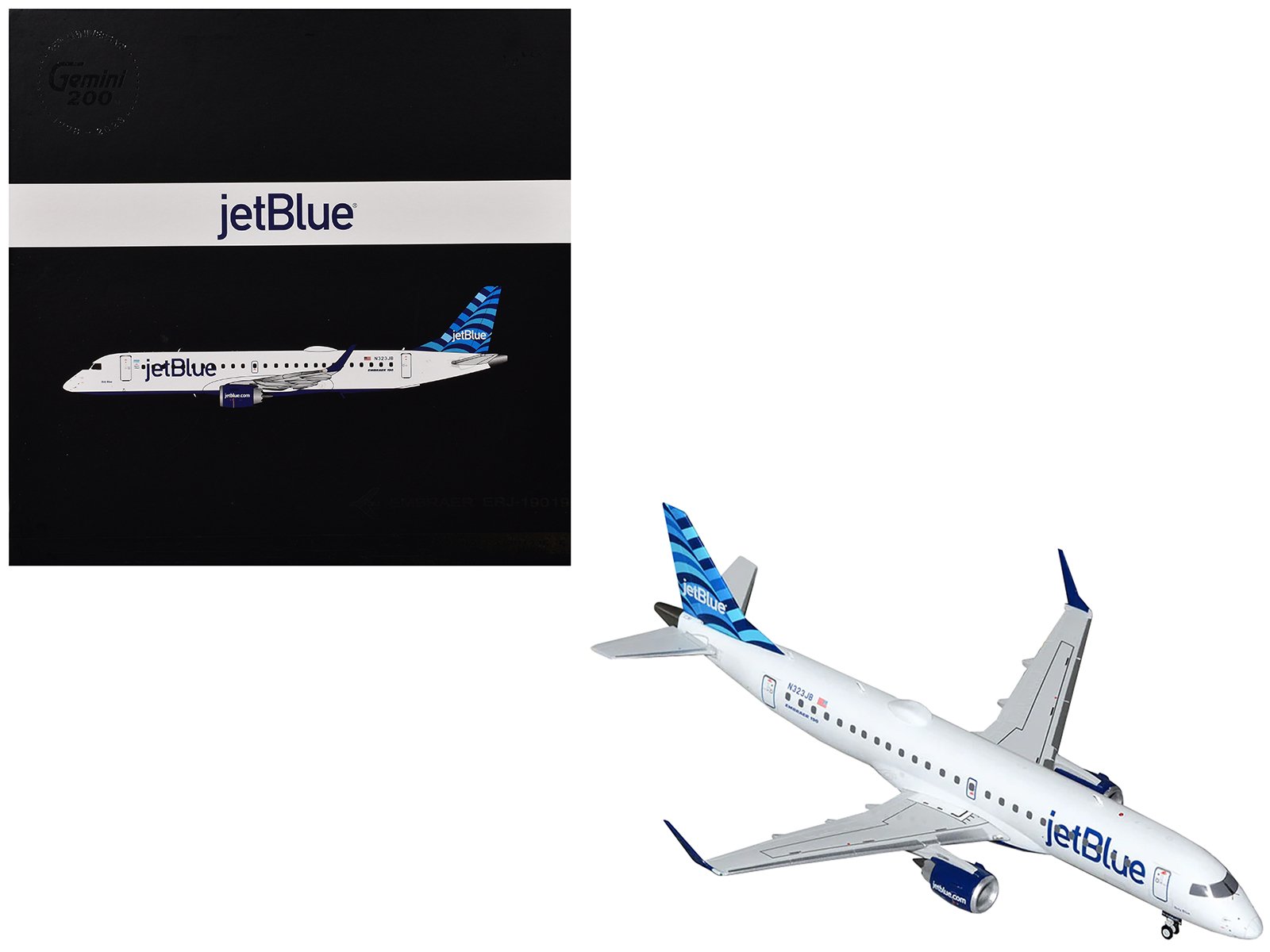 embraer erj 190 commercial aircraft "jetblue airways" (n323jb) white with blue striped tail "gemini 200" series 1/200 diecast model airplane by geminijets embraer erj 190 commercial aircraft "jetblue airways" (n323jb) white with blue striped tail "gemini 200" series 1/200 diecast model airplane by geminijets