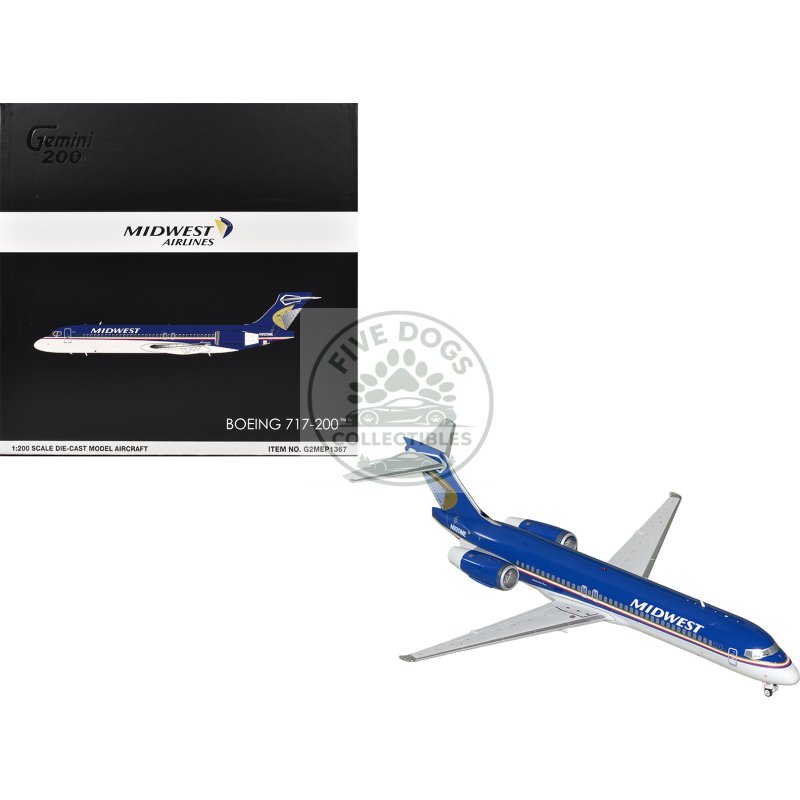 boeing 717 200 commercial aircraft "midwest airlines" (n920me) blue and white "gemini 200" series 1/200 diecast model airplane by geminijets