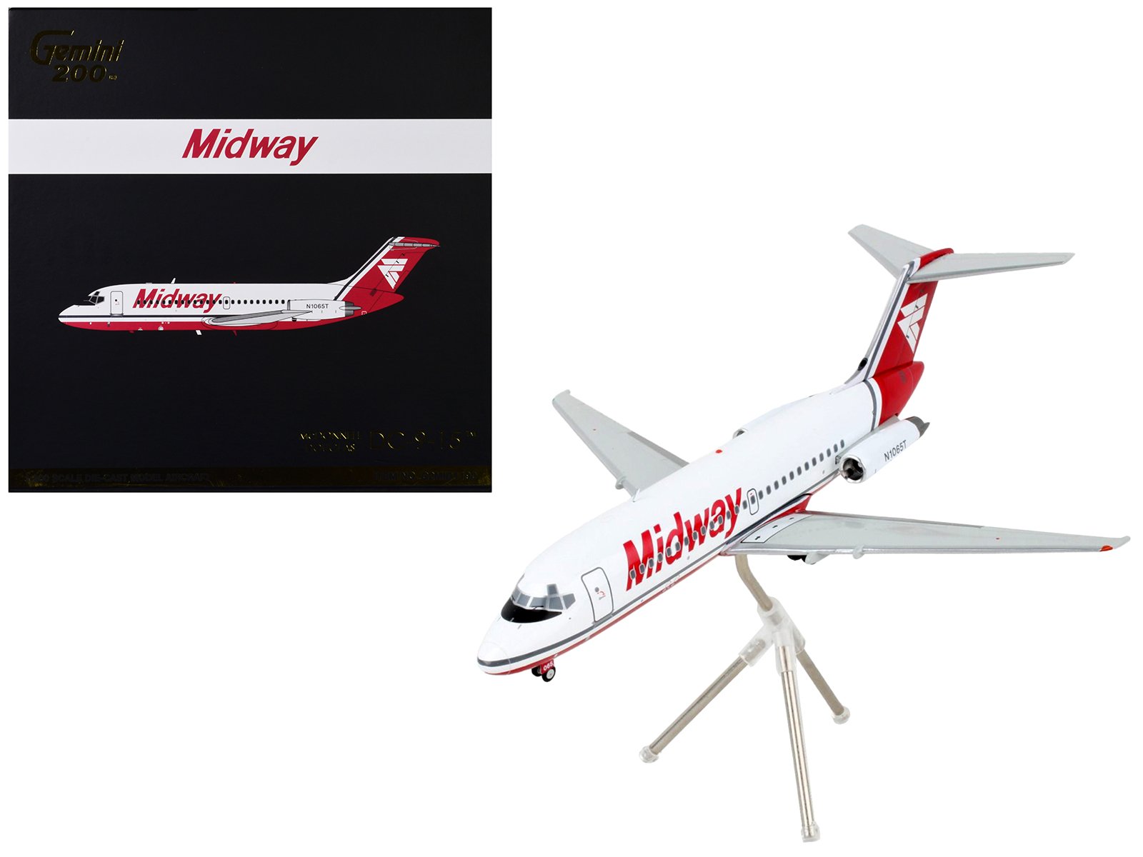 mcdonnell douglas dc 9 15 commercial aircraft "midway airlines" white with red tail "gemini 200" series 1/200 diecast model airplane by geminijets mcdonnell douglas dc 9 15 commercial aircraft "midway airlines" white with red tail "gemini 200" series 1/200 diecast model airplane by geminijets