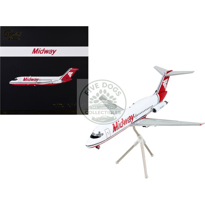 mcdonnell douglas dc 9 15 commercial aircraft "midway airlines" white with red tail "gemini 200" series 1/200 diecast model airplane by geminijets