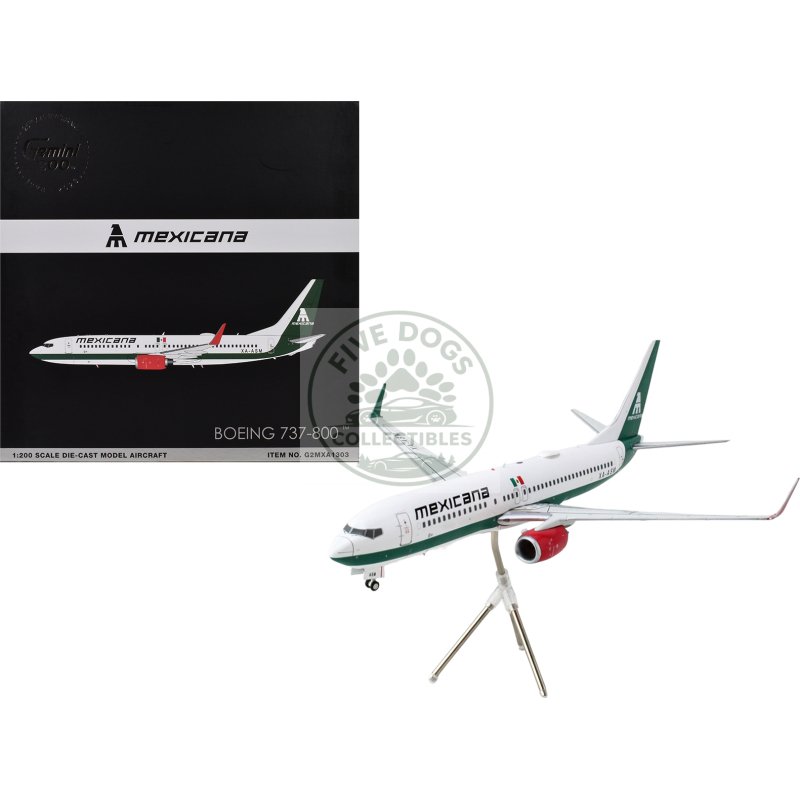 boeing 737 800 commercial aircraft "mexicana" (xa asm) white with green stripes "gemini 200" series 1/200 diecast model airplane by geminijets