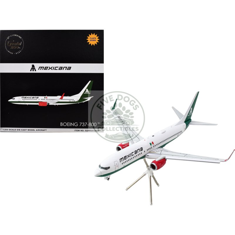 boeing 737 800 commercial aircraft with flaps down "mexicana" (xa asm) white with green stripes "gemini 200" series 1/200 diecast model airplane by geminijets