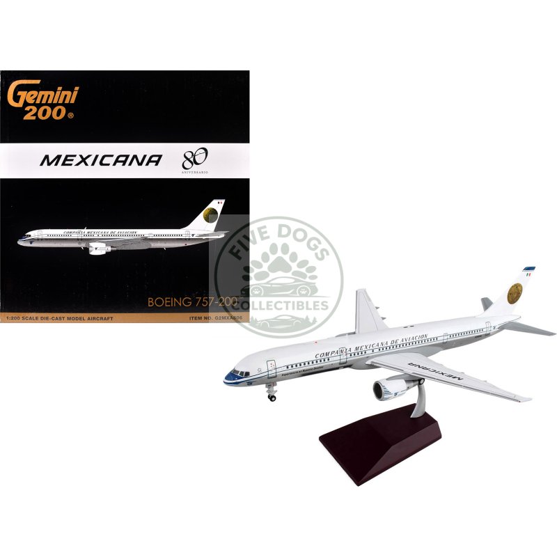 boeing 757 200 commercial aircraft "mexicana retro livery" (n380rm) white with tail graphics "gemini 200" series 1/200 diecast model airplane by geminijets