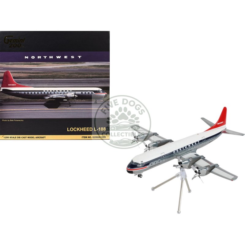 lockheed l 188 electra commercial aircraft "northwest orient" (n128us) white and gray with blue stripes and red tail "gemini 200" series 1/200 diecast model airplane by geminijets