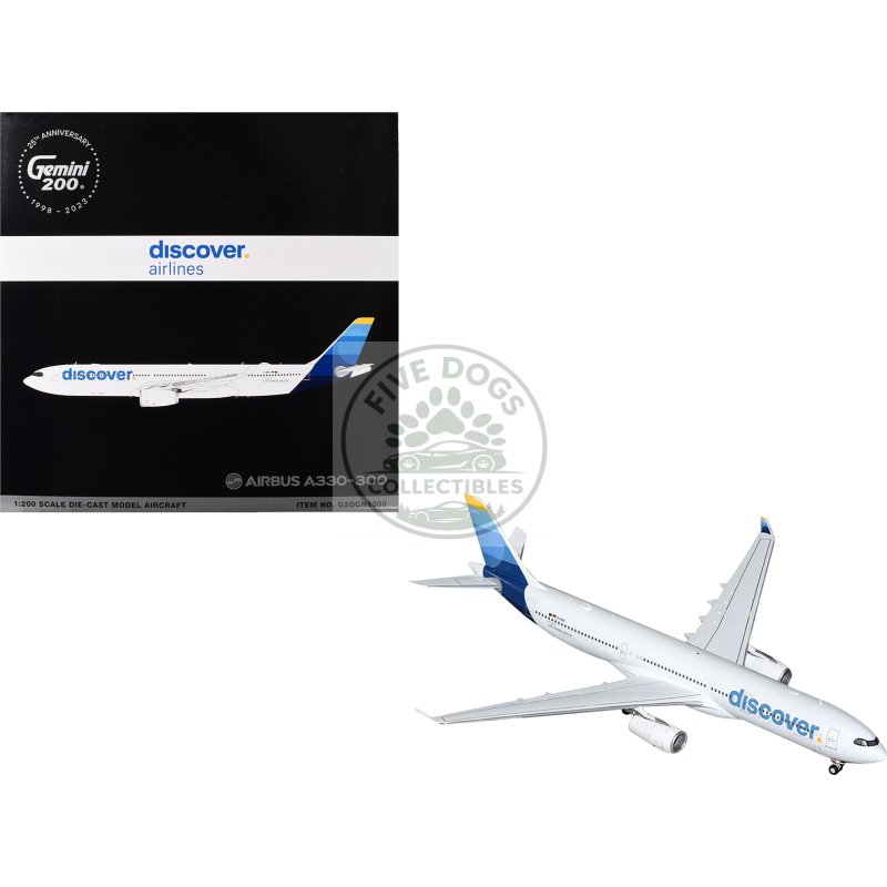 airbus a330 300 commercial aircraft "discover airlines" (d aikk) white with blue tail "gemini 200" series 1/200 diecast model airplane by geminijets