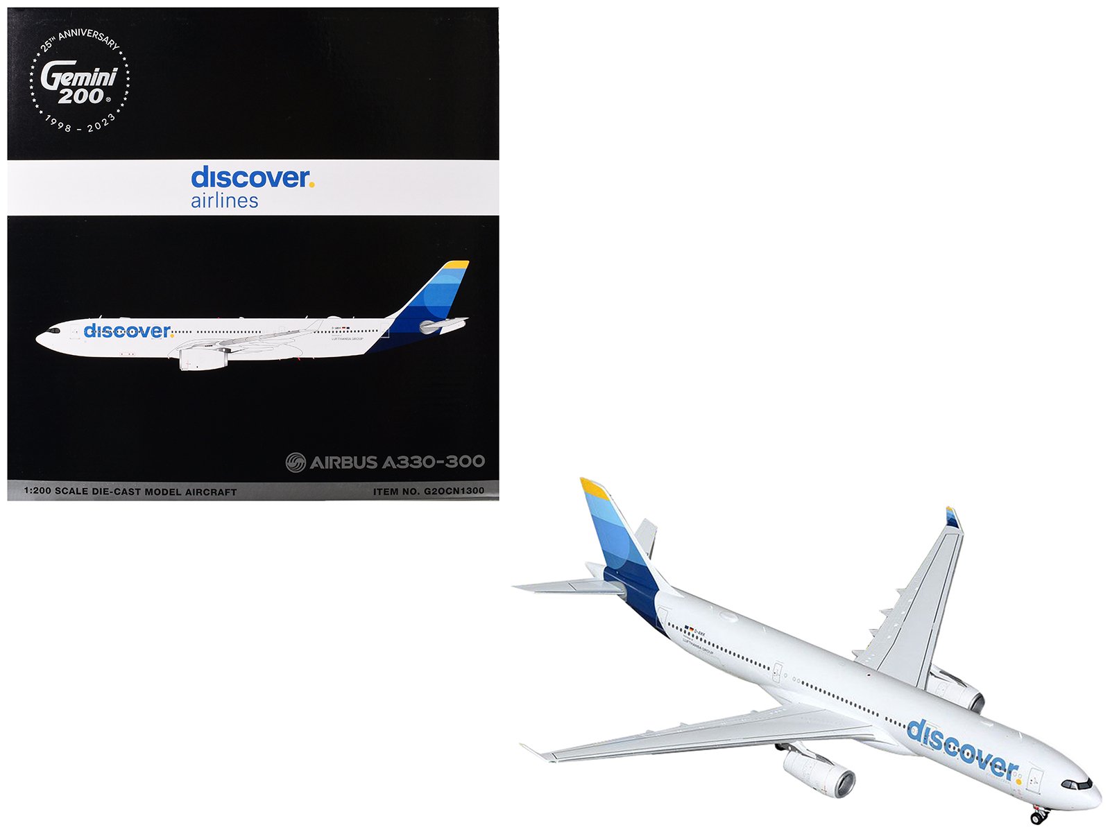 airbus a330 300 commercial aircraft "discover airlines" (d aikk) white with blue tail "gemini 200" series 1/200 diecast model airplane by geminijets airbus a330 300 commercial aircraft "discover airlines" (d aikk) white with blue tail "gemini 200" series 1/200 diecast model airplane by geminijets