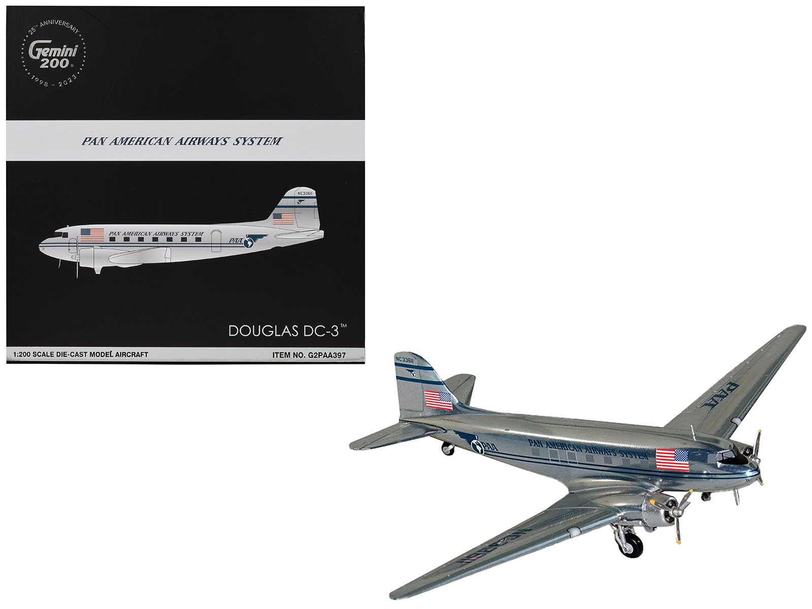 douglas dc 3 commercial aircraft "pan american airways" (nc33611) polished metal finish "gemini 200" series 1/200 diecast model airplane by geminijets douglas dc 3 commercial aircraft "pan american airways" (nc33611) polished metal finish "gemini 200" series 1/200 diecast model airplane by geminijets