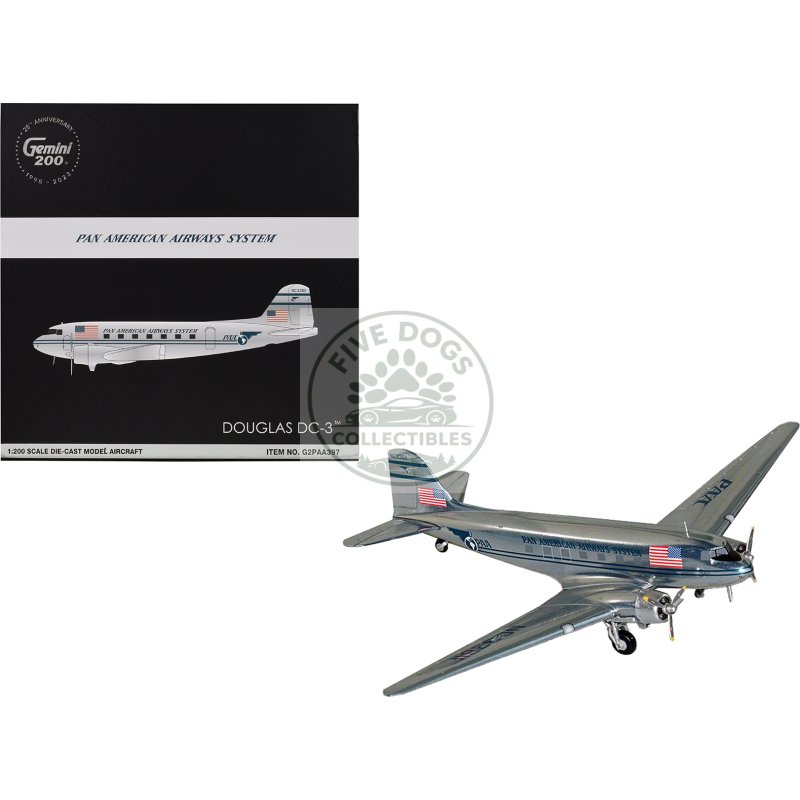 douglas dc 3 commercial aircraft "pan american airways" (nc33611) polished metal finish "gemini 200" series 1/200 diecast model airplane by geminijets