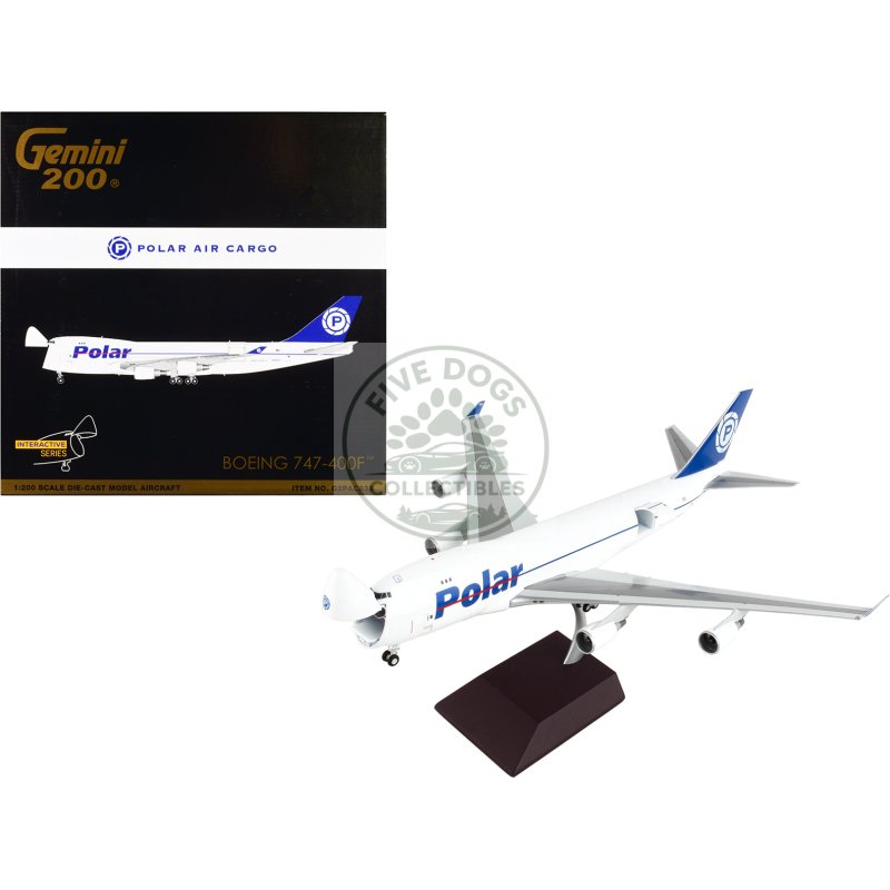 boeing 747 400f commercial aircraft "polar air cargo" white with blue tail "gemini 200 interactive" series 1/200 diecast model airplane by geminijets