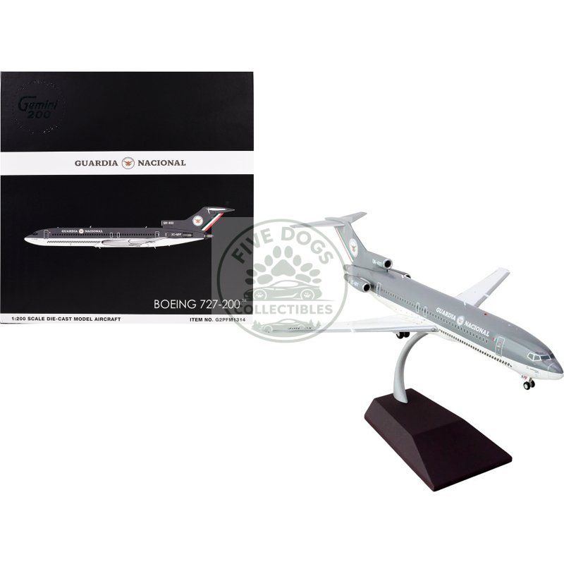 boeing 727 200 commercial aircraft "guardia nacional (mexican national guard)" (xc npf) gray and white "gemini 200" series 1/200 diecast model airplane by geminijets