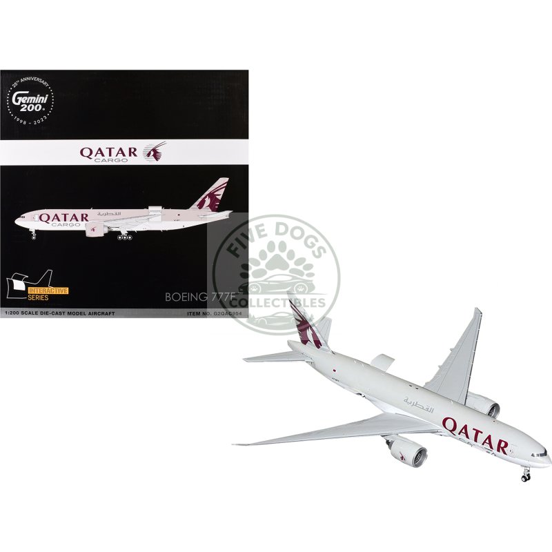 boeing 777f commercial aircraft "qatar cargo" (a7 bft) gray with tail graphics "gemini 200 interactive" series 1/200 diecast model airplane by geminijets
