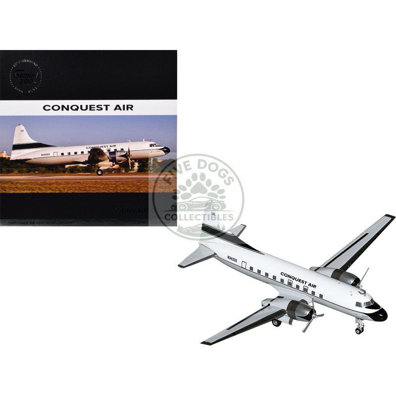 convair c 131 commercial aircraft "conquest air cargo" (n342gs) white with black tail stripes "gemini 200" series 1/200 diecast model airplane by geminijets