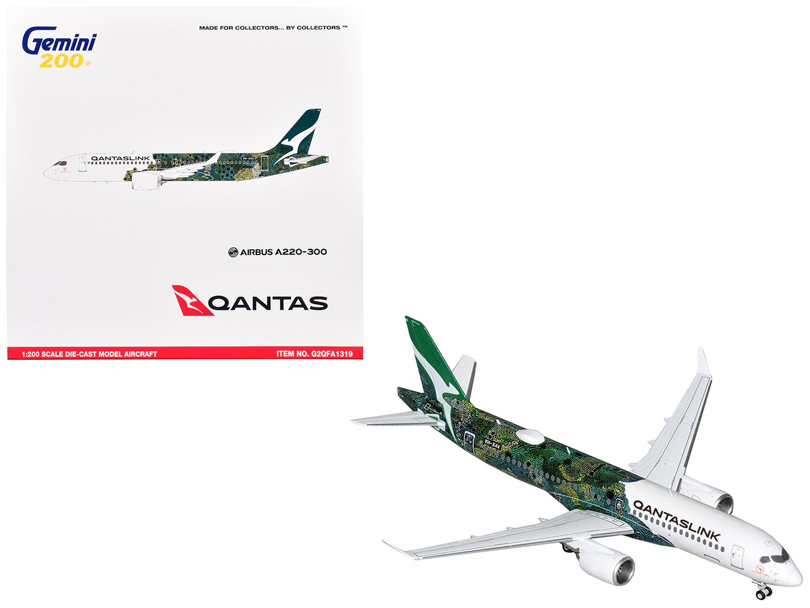 airbus a220 300 commercial aircraft "qantaslink minyma kutjara tjukurpa livery" (n531pa) white with green graphics "gemini 200" series 1/200 diecast model airplane by geminijets airbus a220 300 commercial aircraft "qantaslink minyma kutjara tjukurpa livery" (n531pa) white with green graphics "gemini 200" series 1/200 diecast model airplane by geminijets
